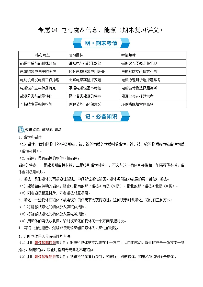 专题04 电与磁&信息、能源(期末复习讲义)(解析版)第1页