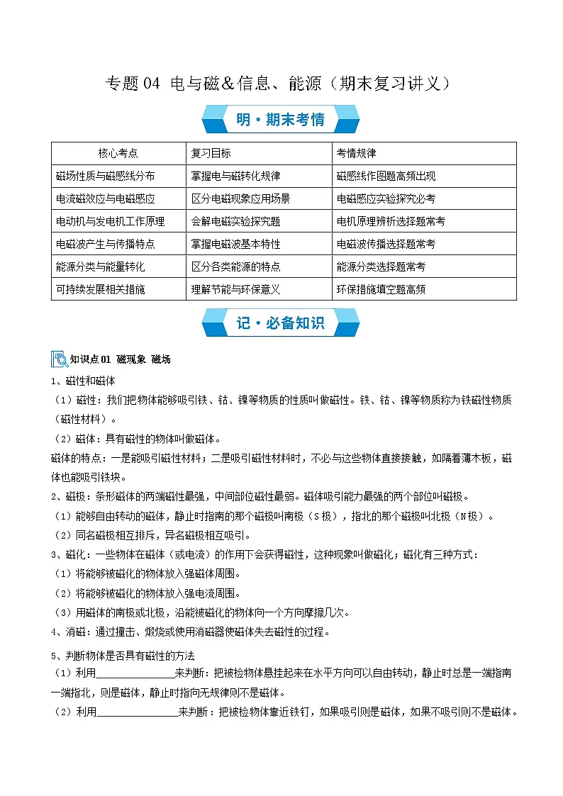 专题04 电与磁&信息、能源(期末复习讲义)(原卷版)第1页