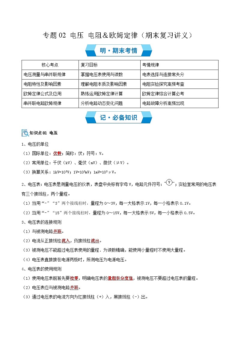 专题02 电压 电阻&欧姆定律(期末复习讲义)解析版第1页