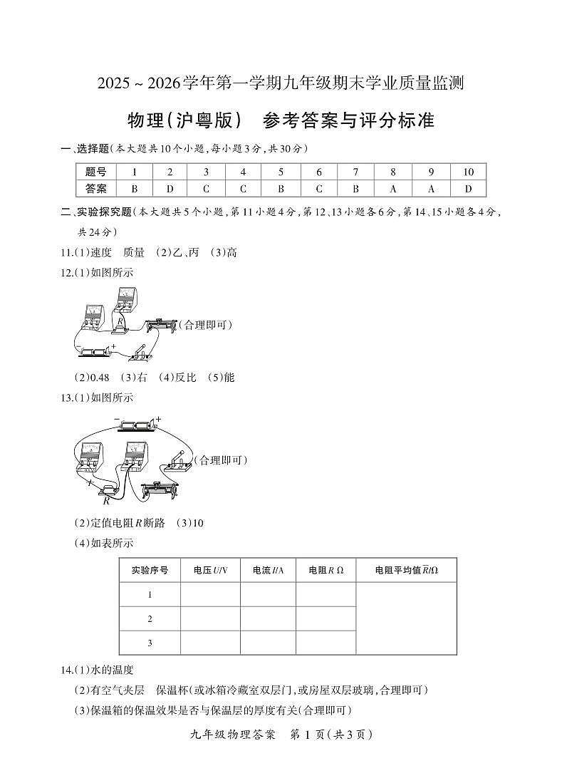 (质量监测卷)九年级期末卷·物理(沪粤版)答案第1页