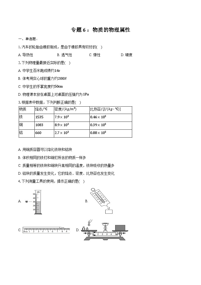 2025年中考物理第一轮专题复习专题6 :物质的物理属性练习(含答案+解析)第1页
