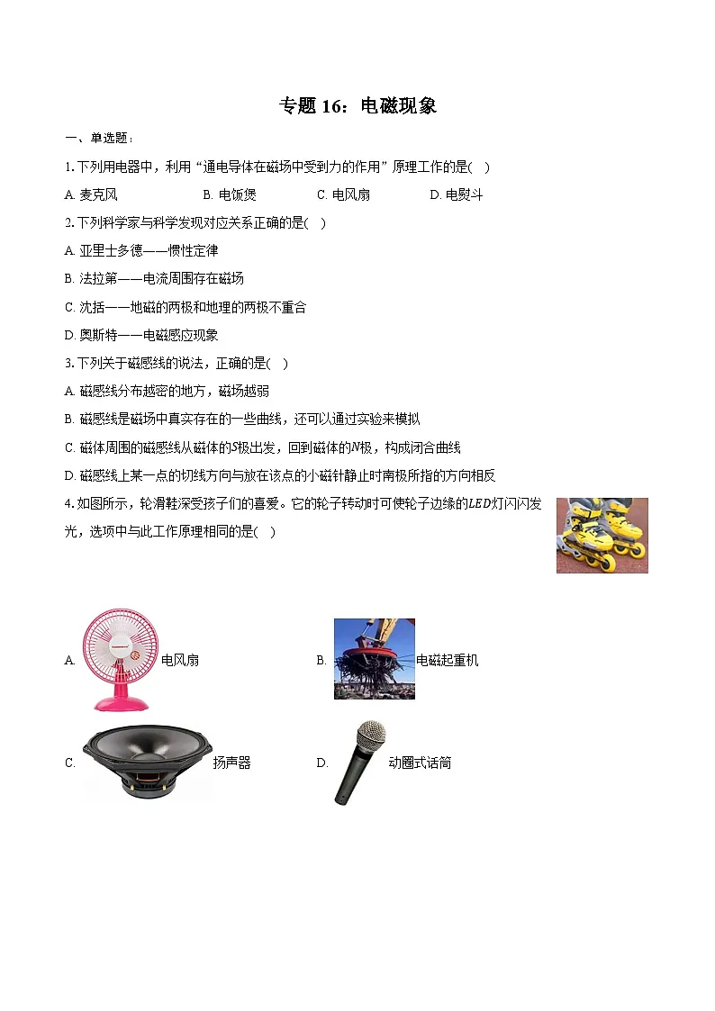 2025年山东省中考物理第一轮复习专题复习专题16:电磁现象练习 (含答案+解析)第1页