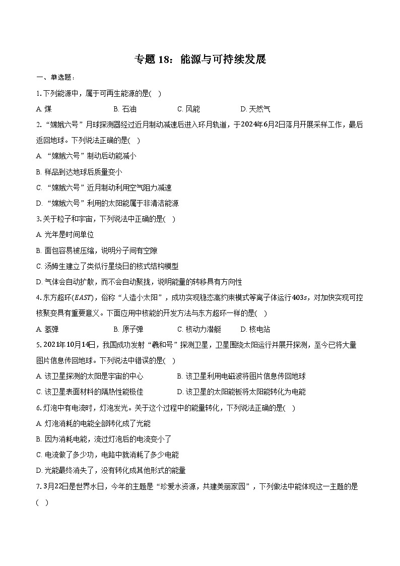 2025年物理中考第一轮专题复习专题18:能源与可持续发展 练习 (含答案+解析)第1页