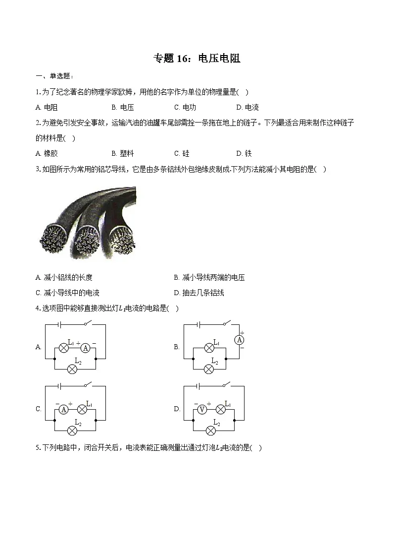 2025年中考物理一轮复习专题16:电压 电阻 练习 (含答案+解析)第1页