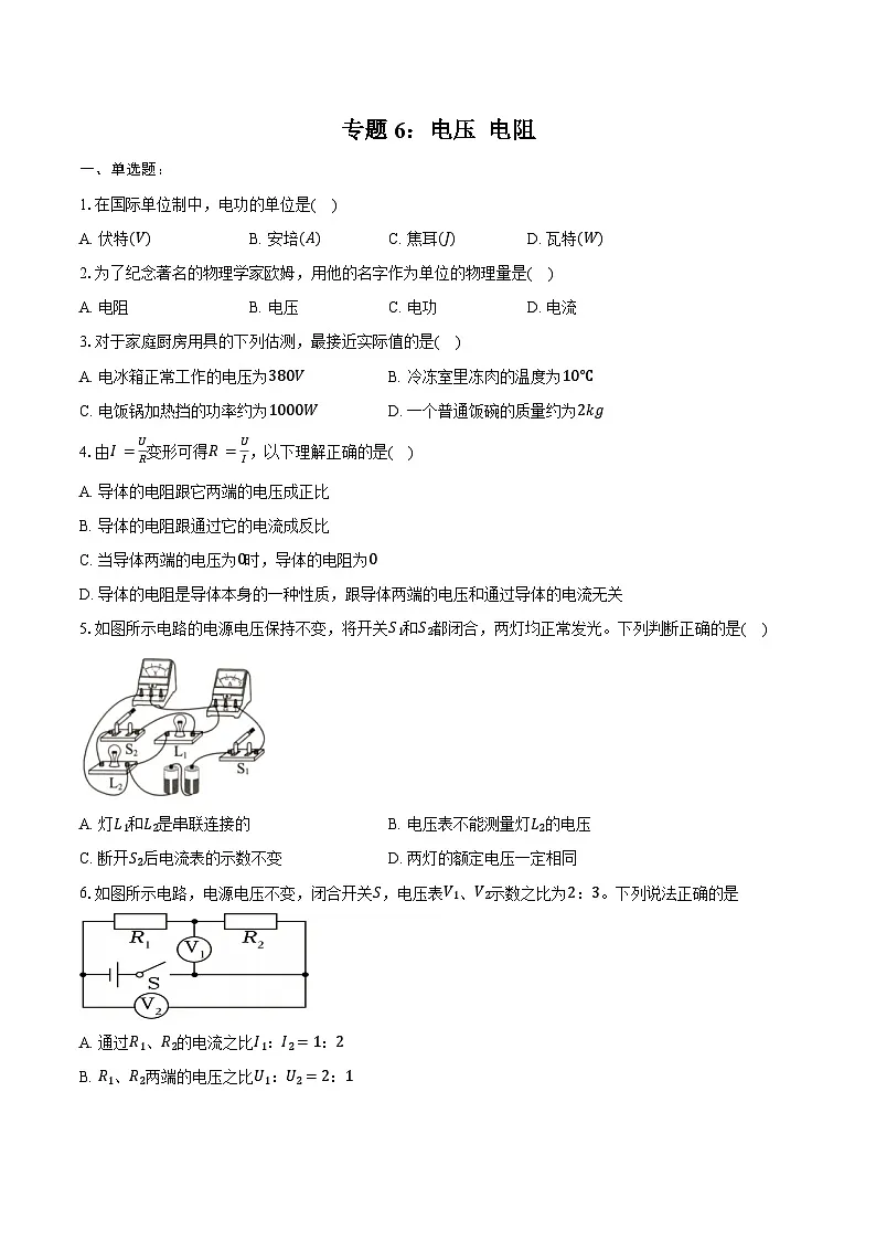 2025年中考物理二轮复习专题6: 电压 电阻 练习 (含答案+解析)第1页