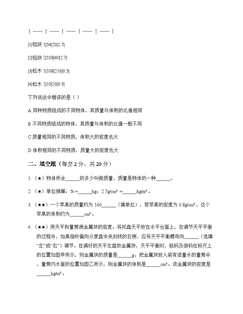 初中物理教科版2024八年级上册第六章 质量与密度 测试卷及答案第3页