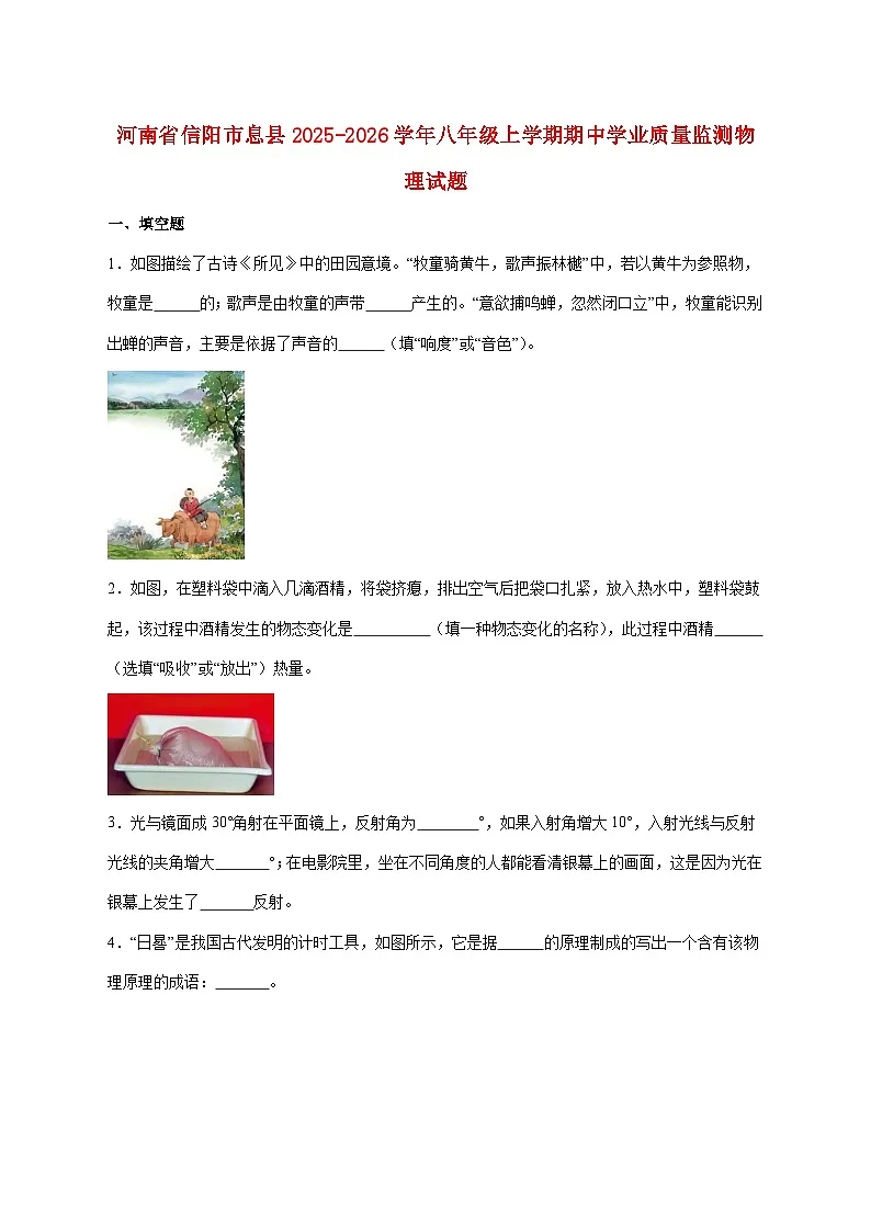 河南省信阳市息县2025-2026学年八年级上学期11月期中考试物理试题(附答案)第1页