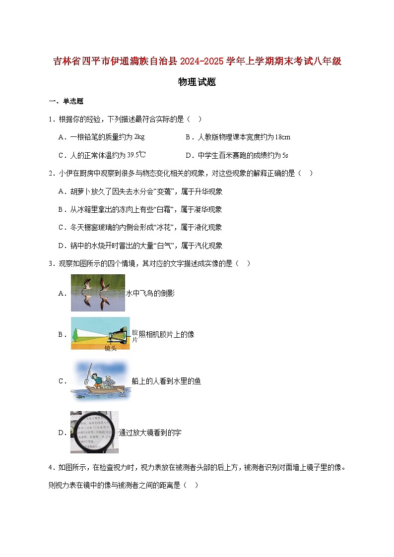吉林省四平市伊通满族自治县2024-2025学年八年级上学期期末考试物理试题(附答案)第1页