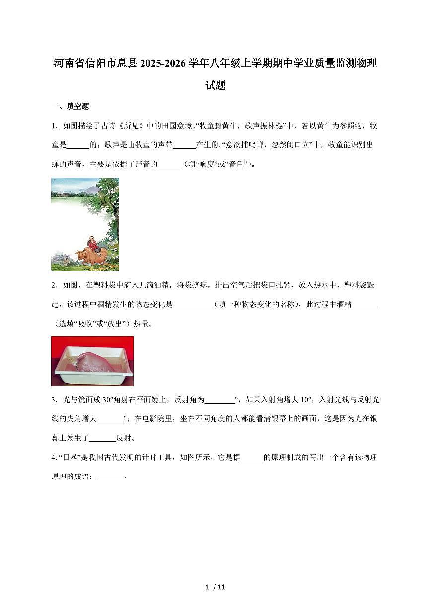河南省信阳市息县2025~2026学年八年级上册11月期中考试物理试卷(含答案)第1页