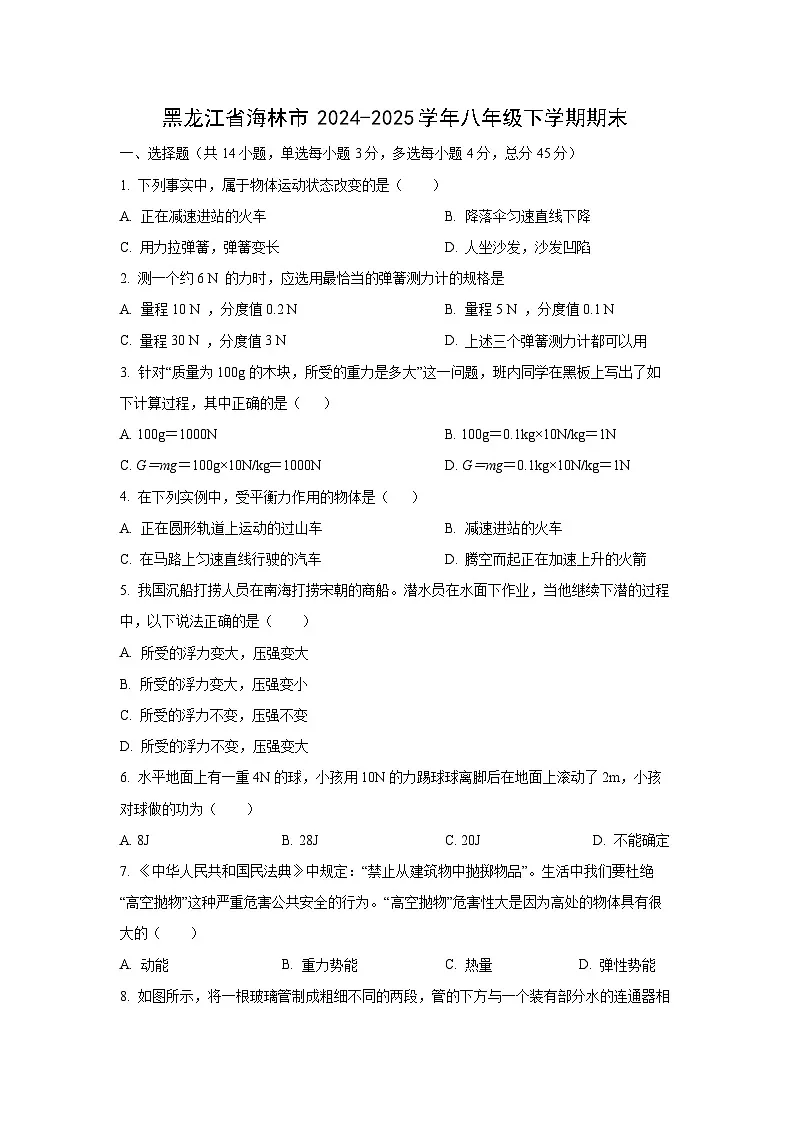 2024-2025学年黑龙江省海林市八年级下学期期末物理试卷(学生版)第1页