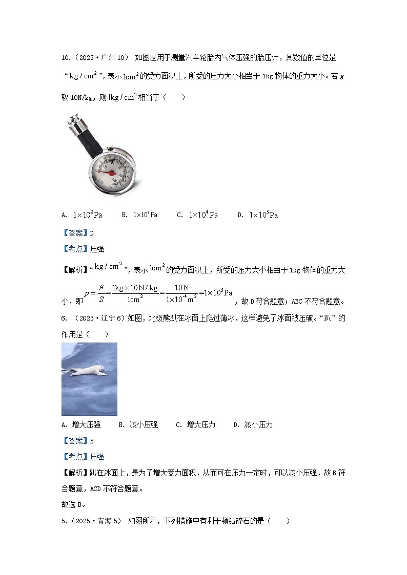 2025年各省市中考物理试卷分类汇编考点8压强(Word版附解析)第1页
