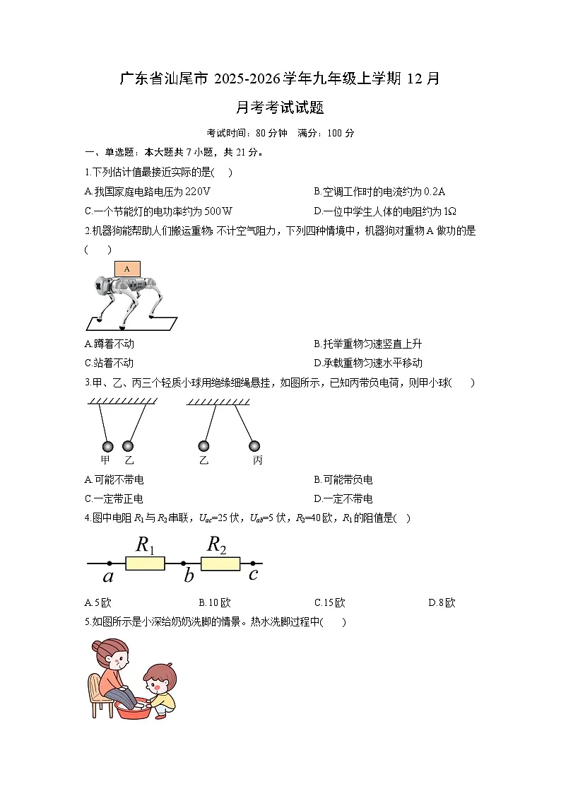 2025-2026学年广东省汕尾市九年级上学期12月月考考试物理试卷(学生版)第1页