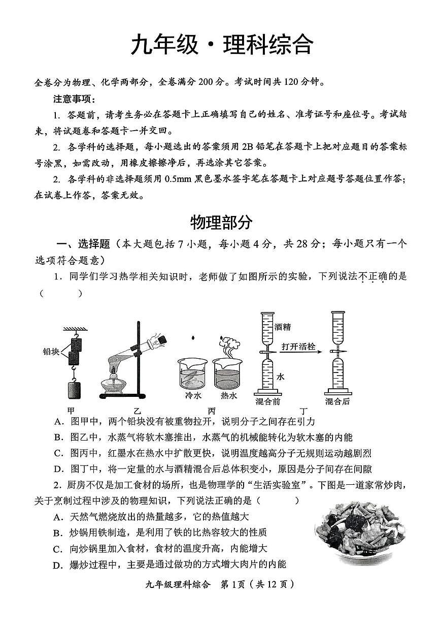 四川省资阳市安岳县2025-2026学年九年级上学期物理期末试题第1页