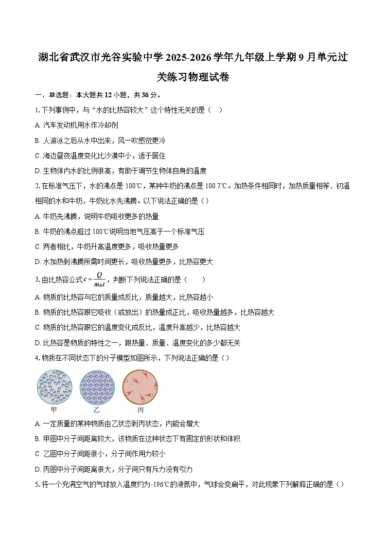 湖北省武汉市光谷实验中学2025-2026学年九年级上学期9月单元过关练习物理试卷-自定义类型第1页