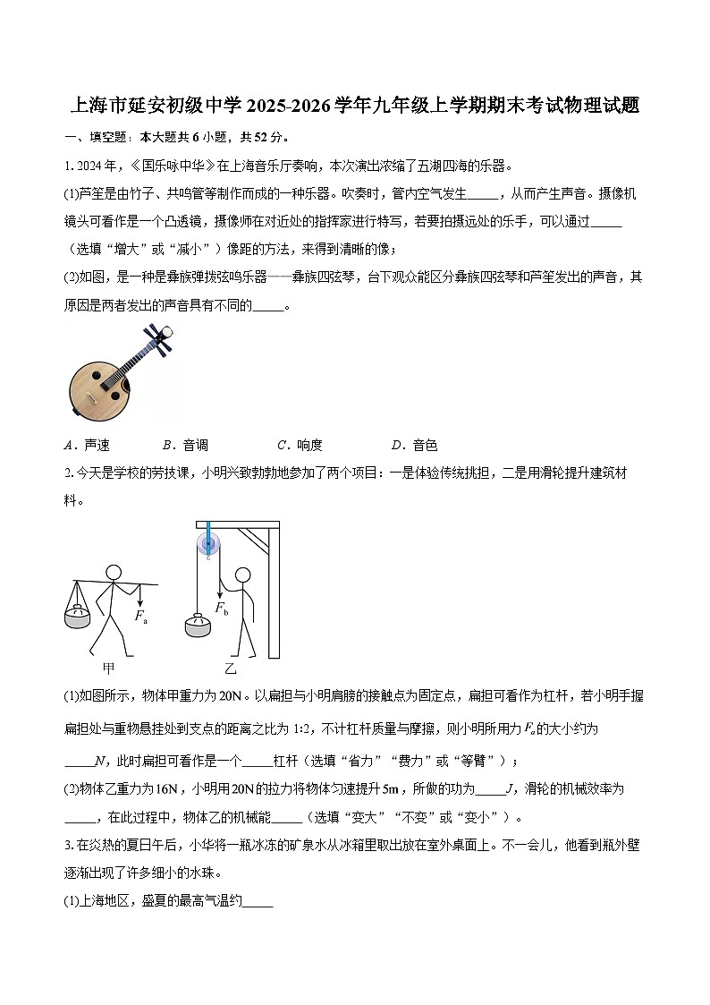 上海市延安初级中学2025-2026学年九年级上学期期末考试物理试题-自定义类型第1页