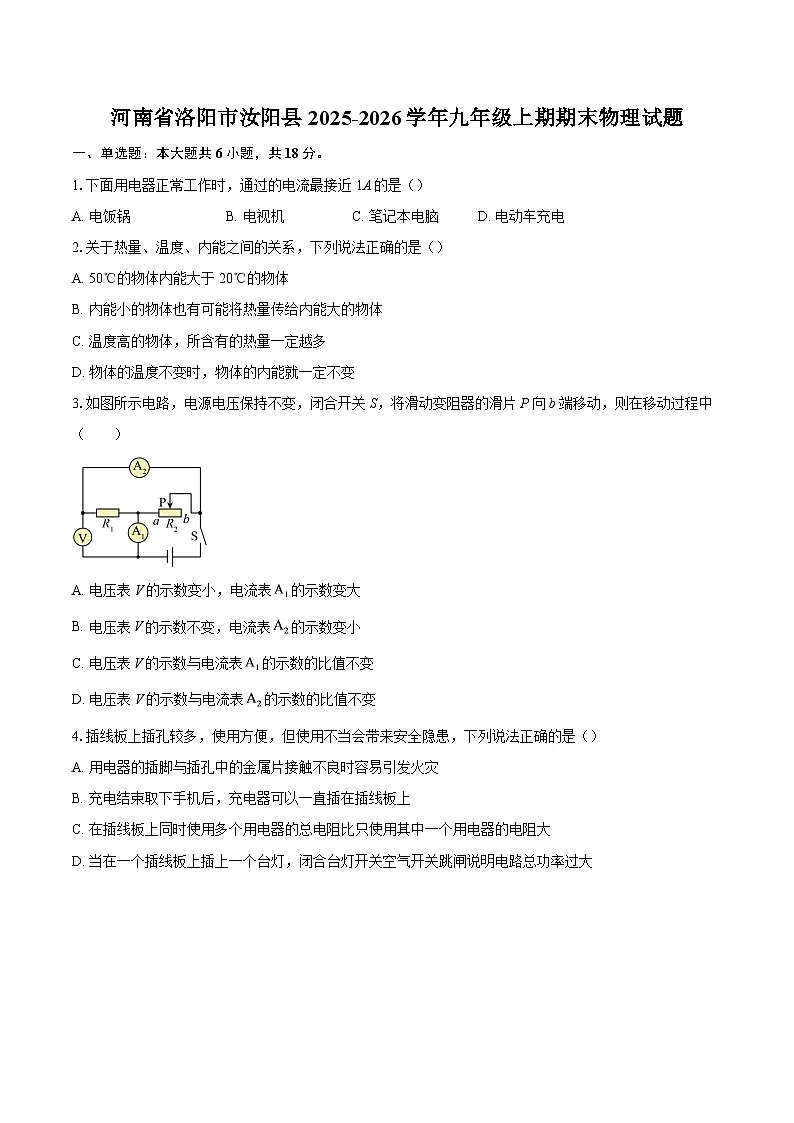 河南省洛阳市汝阳县2025-2026学年九年级上期期末物理试题-自定义类型第1页