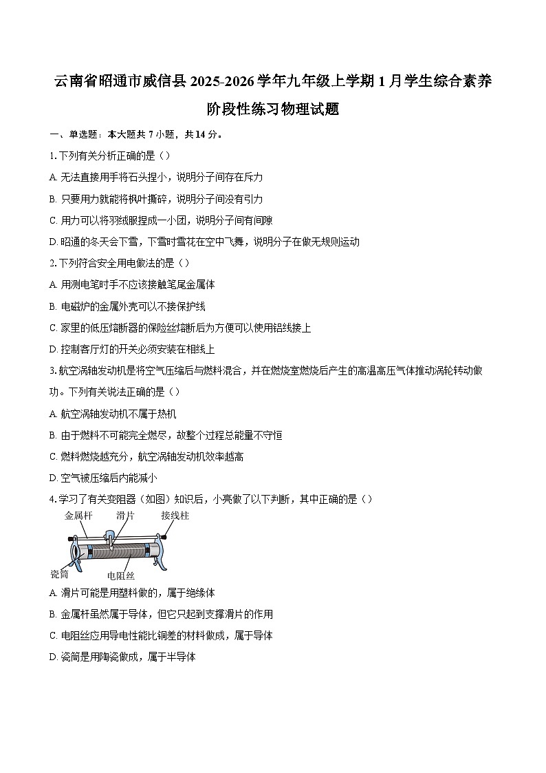 云南省昭通市威信县2025-2026学年九年级上学期1月学生综合素养阶段性练习物理试题-自定义类型第1页