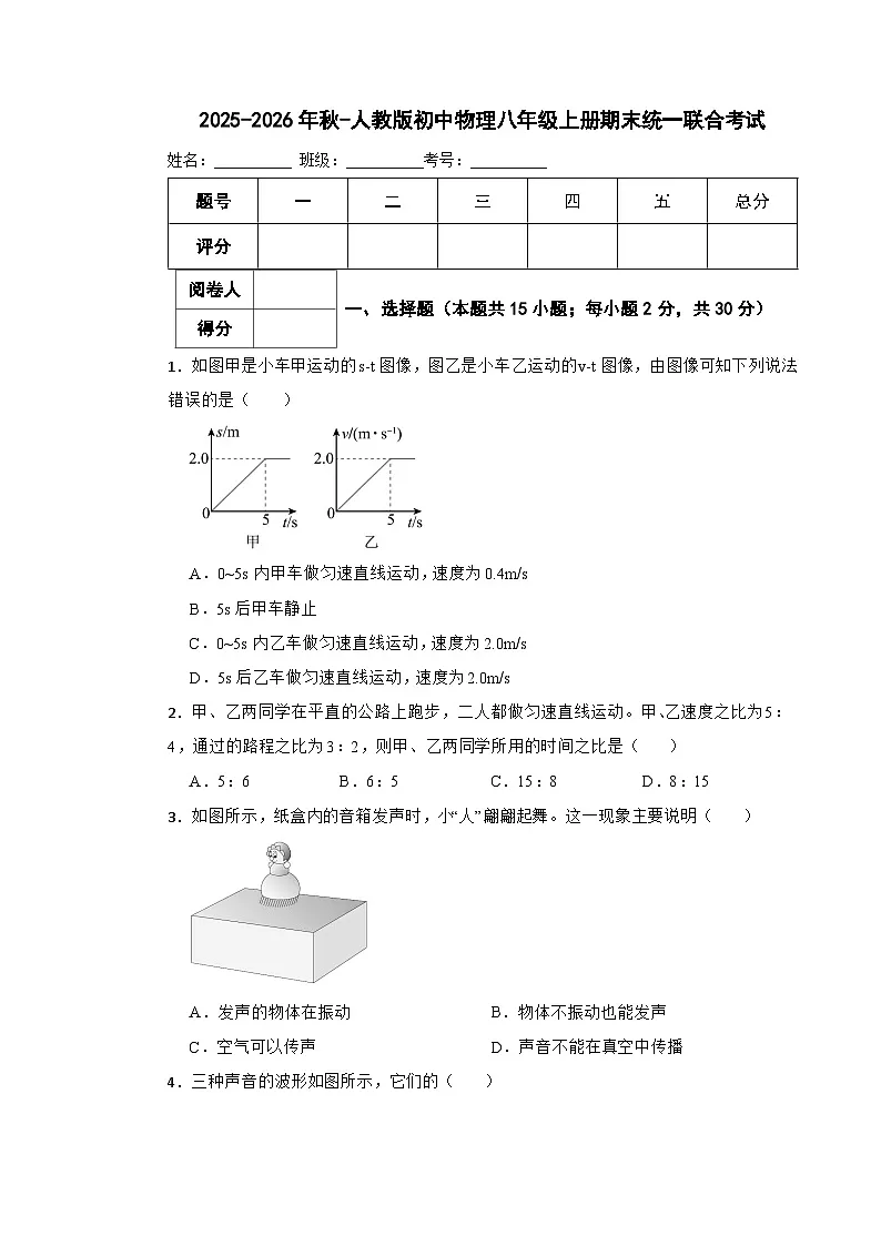 2025-2026年秋-人教版初中物理八年级上册期末统一联合考试第1页