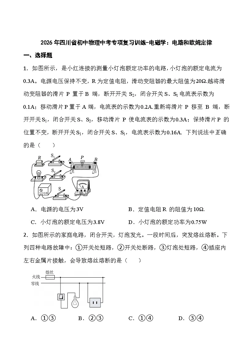 2026年四川省初中物理中考专项复习训练-电磁学:电路和欧姆定律第1页