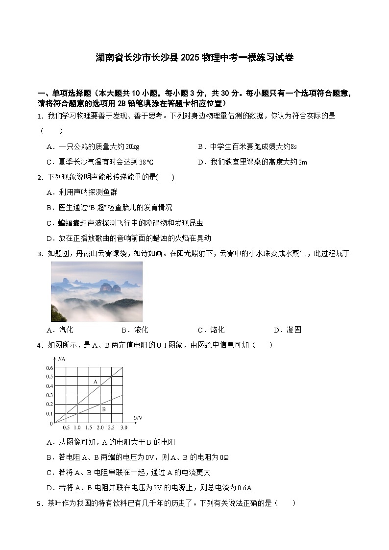 湖南省长沙市长沙县2025年九年级物理中考一模练习试卷(含答案)第1页