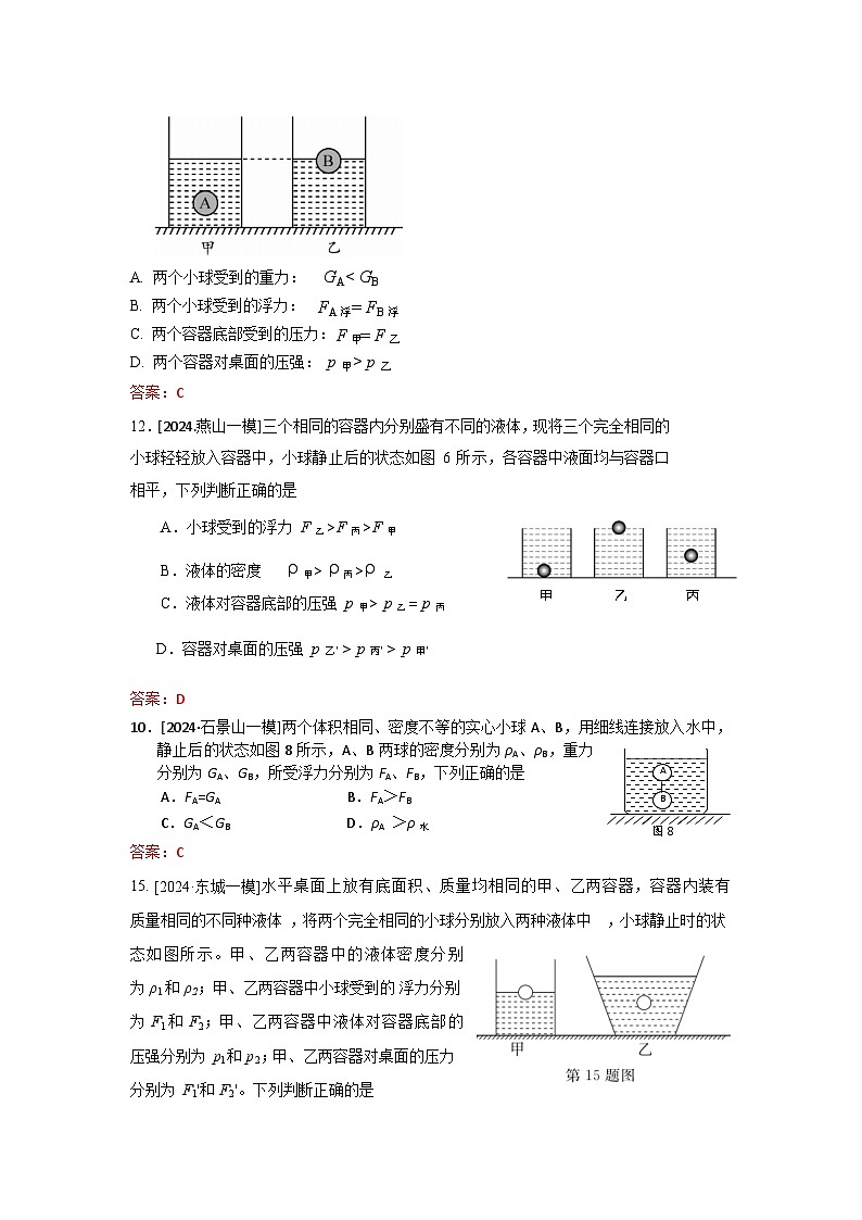 2023-2024年北京市中考物理模拟题分类精选8浮力 物体的浮沉条件(Word版附答案)第3页