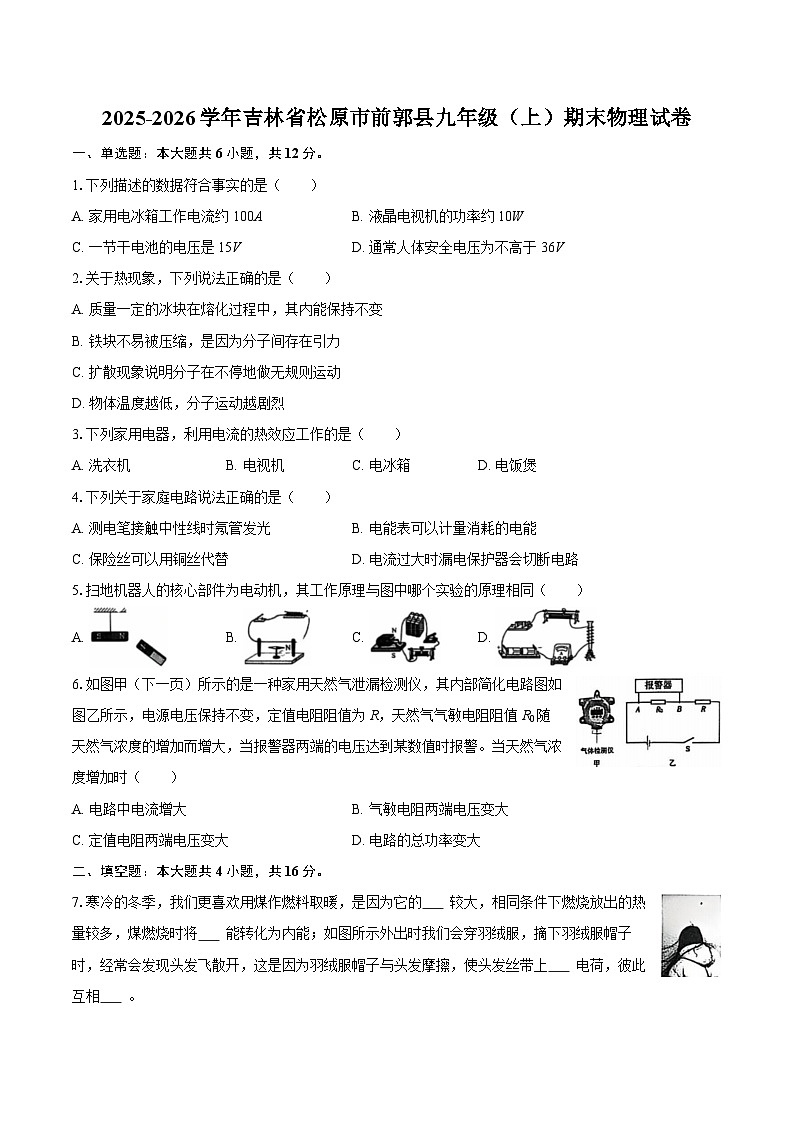 2025-2026学年吉林省松原市前郭县九年级(上)期末物理试卷-自定义类型第1页