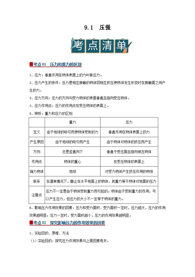 第9章第1节压强 2025-2026学年初中物理苏科版八年级下册同步复习讲义(原卷版)第1页