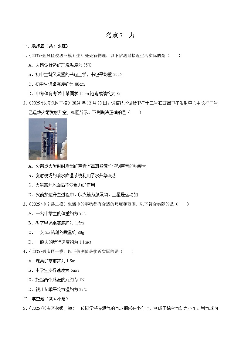 2025年宁夏各地市中考物理模拟试题分类精选考点7 力(Word版附解析)第1页