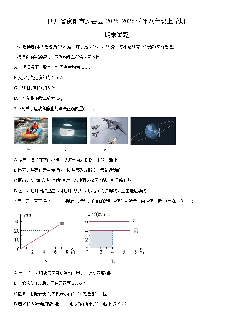 2025-2026学年四川省资阳市安岳县八年级上学期期末物理试卷(学生版)第1页