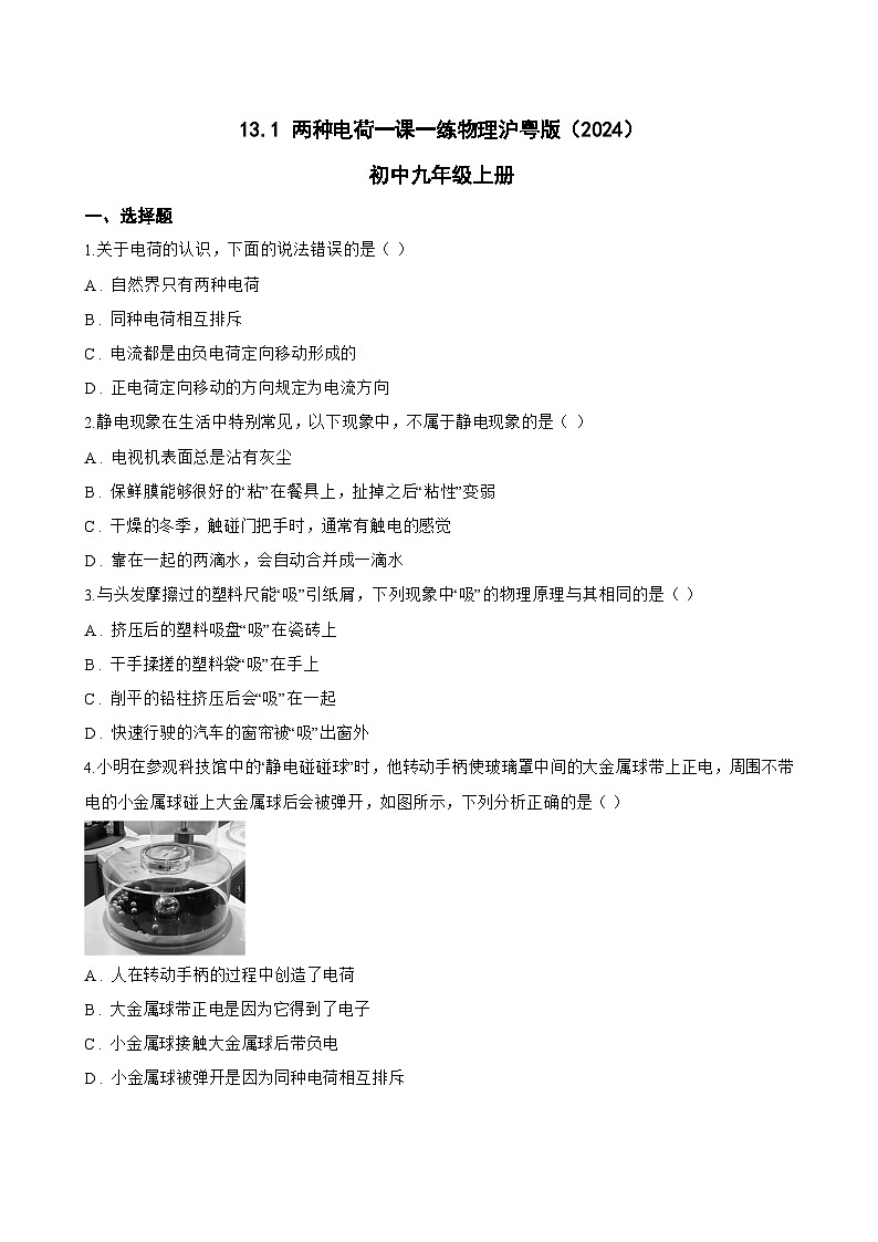 13.1 两种电荷一课一练物理沪粤版(2024)初中九年级上册(无答案)第1页
