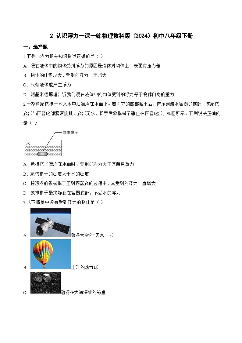 2 认识浮力一课一练物理教科版(2024)初中八年级下册(无答案)第1页