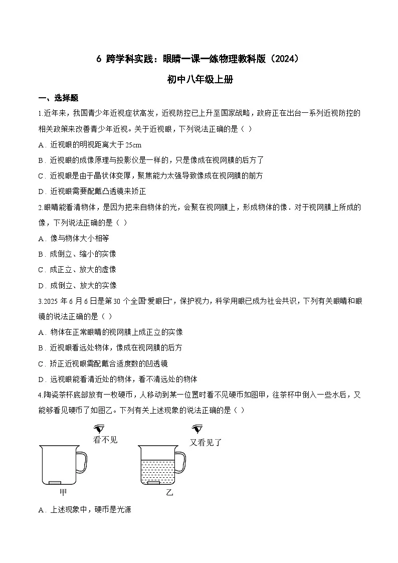 6 跨学科实践:眼睛一课一练物理教科版(2024)初中八年级上册(无答案)第1页