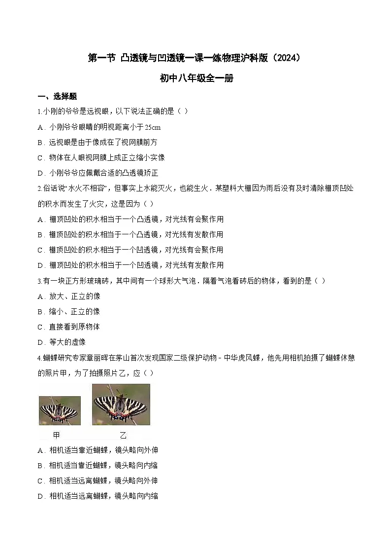 第一节 凸透镜与凹透镜一课一练物理沪科版(2024)初中八年级全一册(无答案)第1页