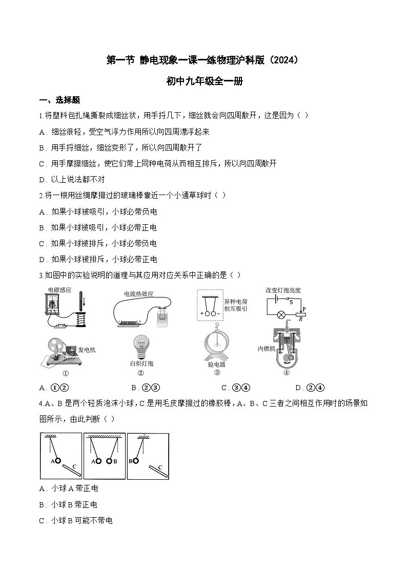第一节 静电现象一课一练物理沪科版(2024)初中九年级全一册(无答案)第1页