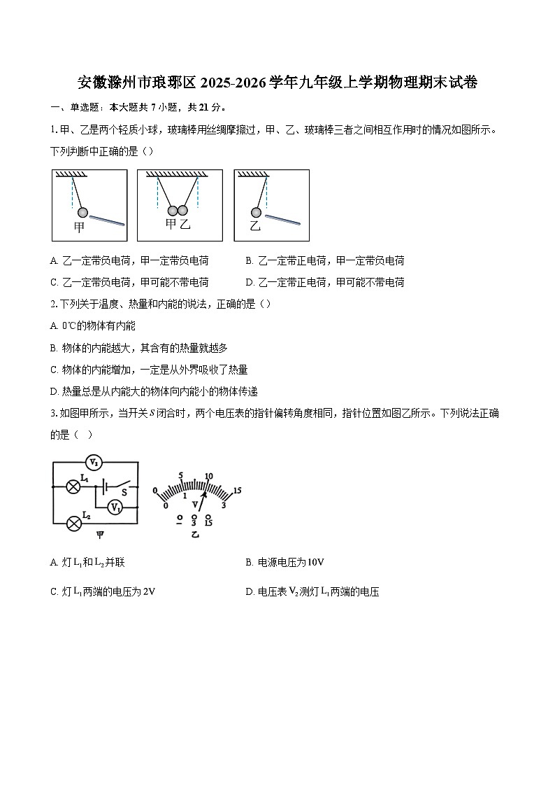 安徽滁州市琅琊区2025-2026学年九年级上学期物理期末试卷-自定义类型第1页
