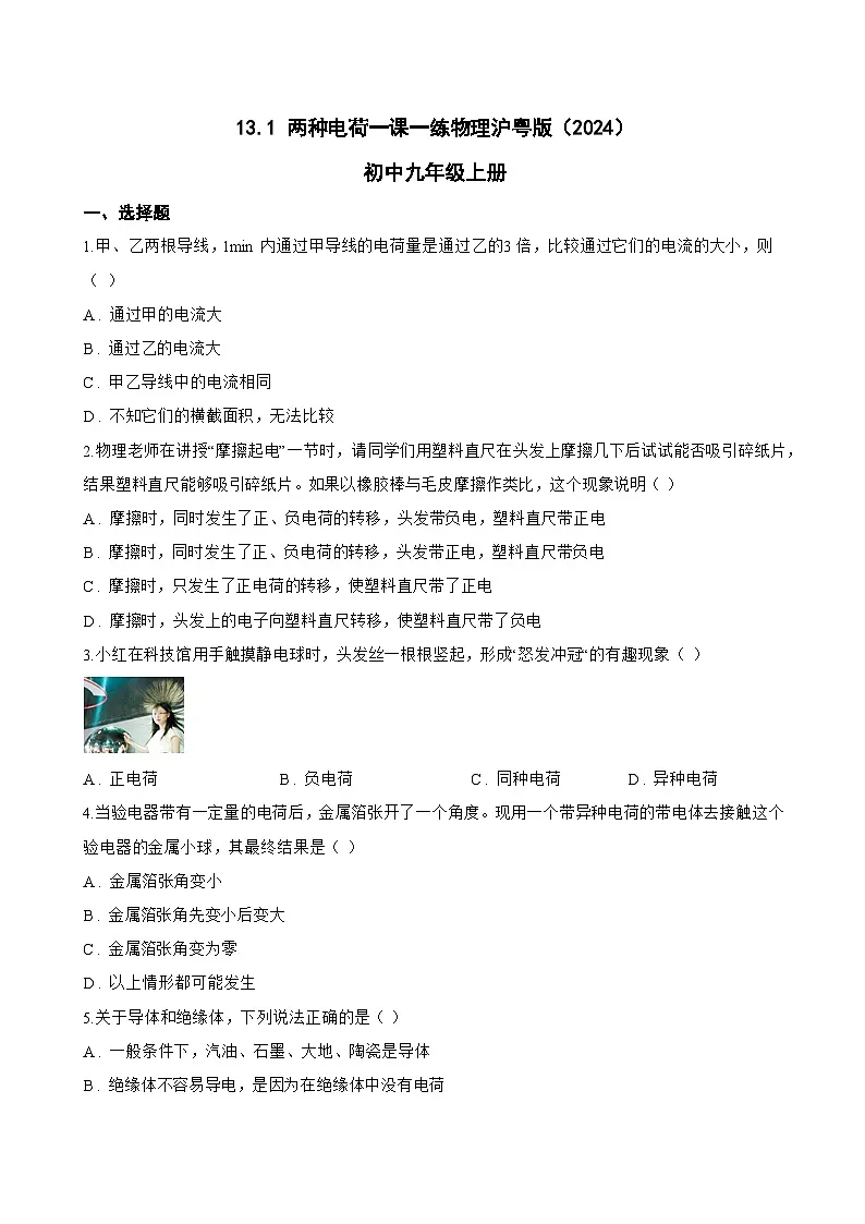 13.1 两种电荷一课一练物理沪粤版(2024)初中九年级上册(无答案)第1页