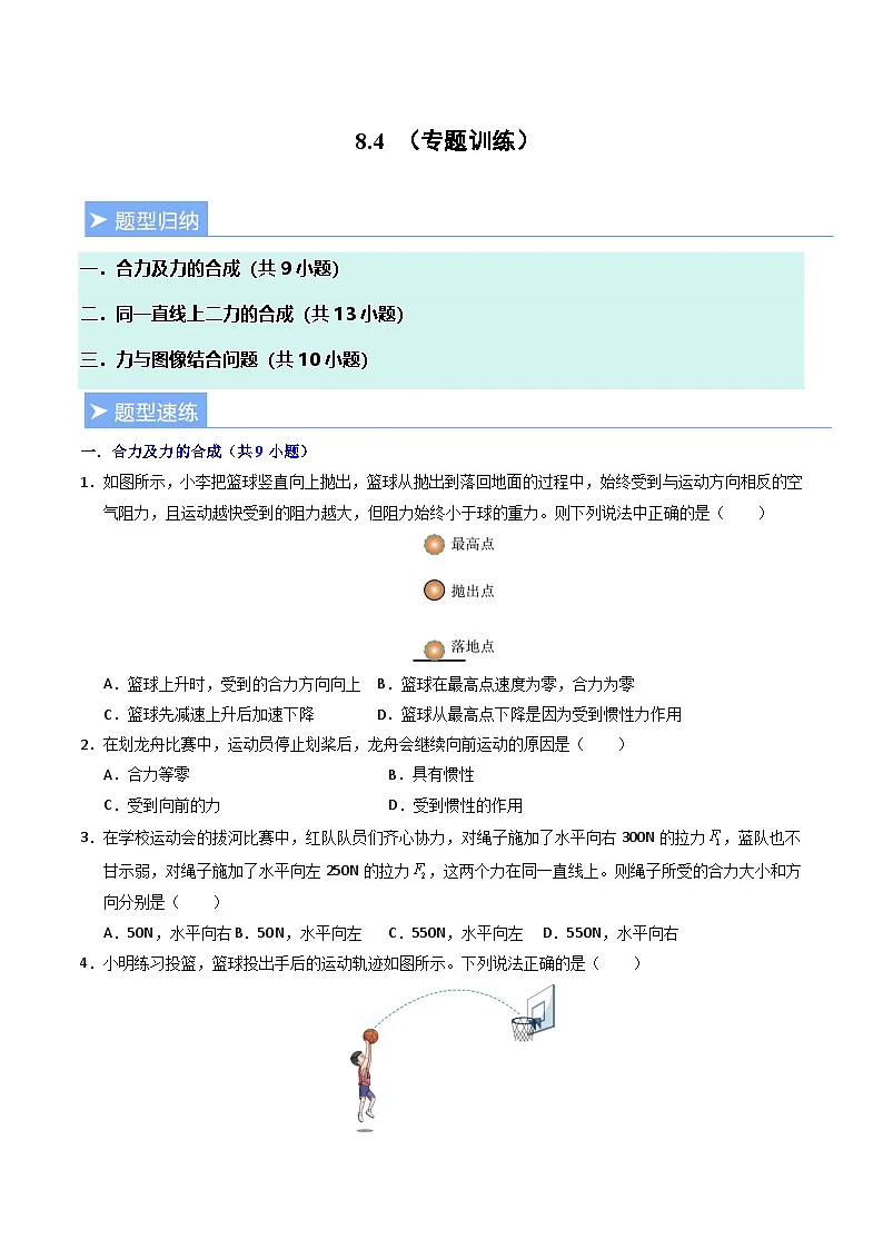 8.4 同一直线上二力的合成(专题训练)(原卷版)第1页