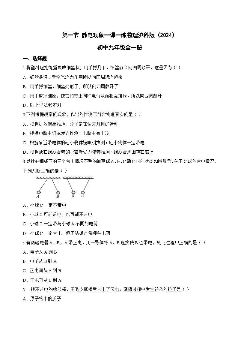 第一节 静电现象一课一练物理沪科版(2024)初中九年级全一册(无答案)第1页