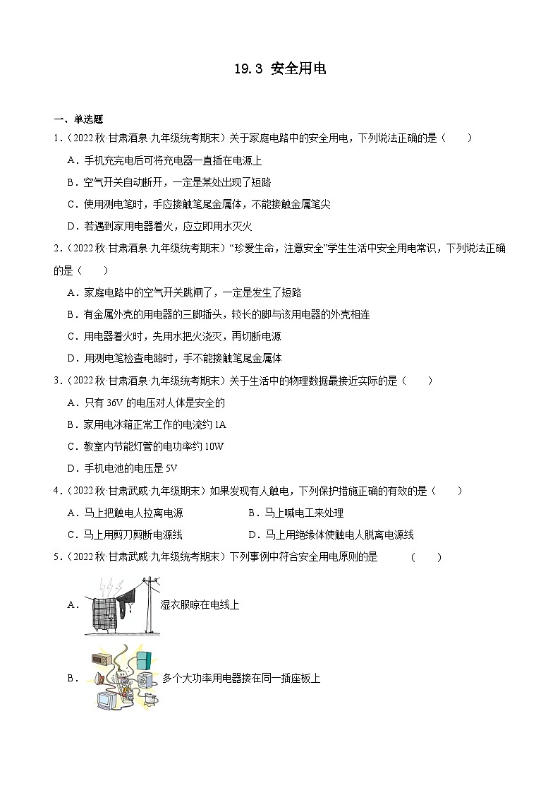 2026年人教版(2024)物理九年级全一册19.3 安全用电同步练习第1页