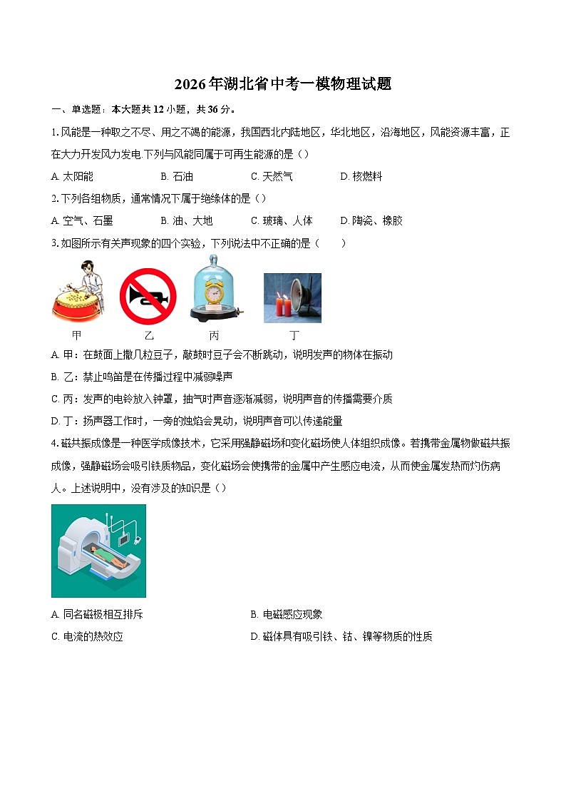 2026年湖北省中考一模物理试题-自定义类型第1页