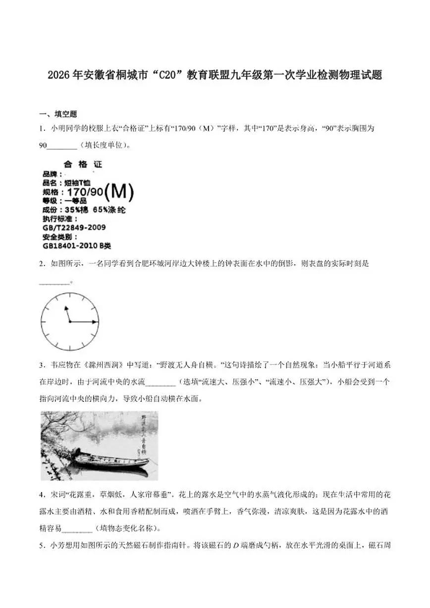 2026届安徽省桐城市C20联盟九年级下学期第一次学业水平检测物理试卷(含答案)第1页