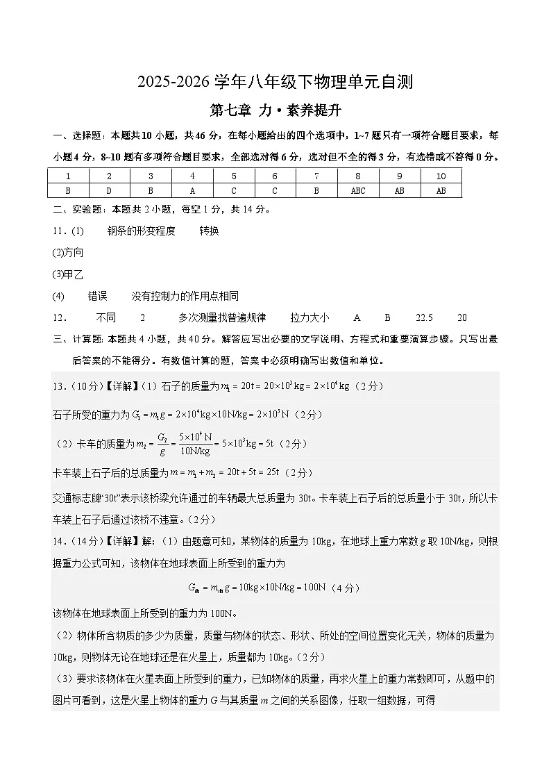 第七章 力(单元自测•提高卷)(答案及评分标准)第1页