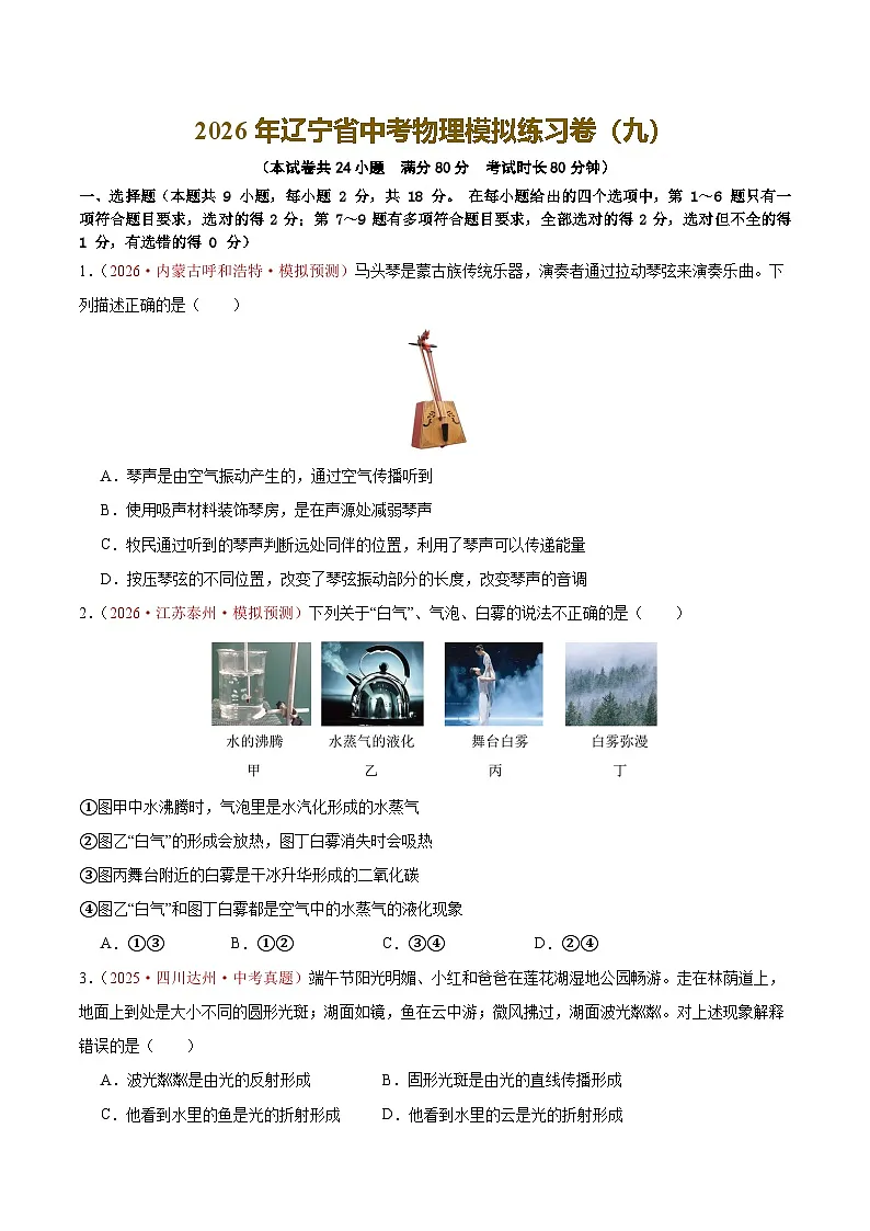 2026年辽宁省中考物理模拟练习卷(九)(原卷版)第1页
