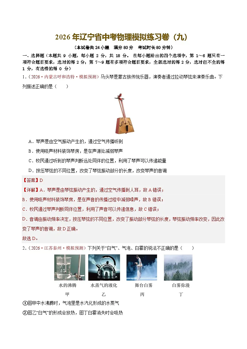 2026年辽宁省中考物理模拟练习卷(九)(解析版)第1页