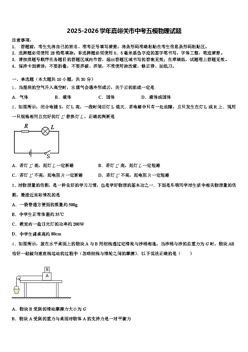 2025-2026学年嘉峪关市中考五模物理试题(含答案解析)第1页