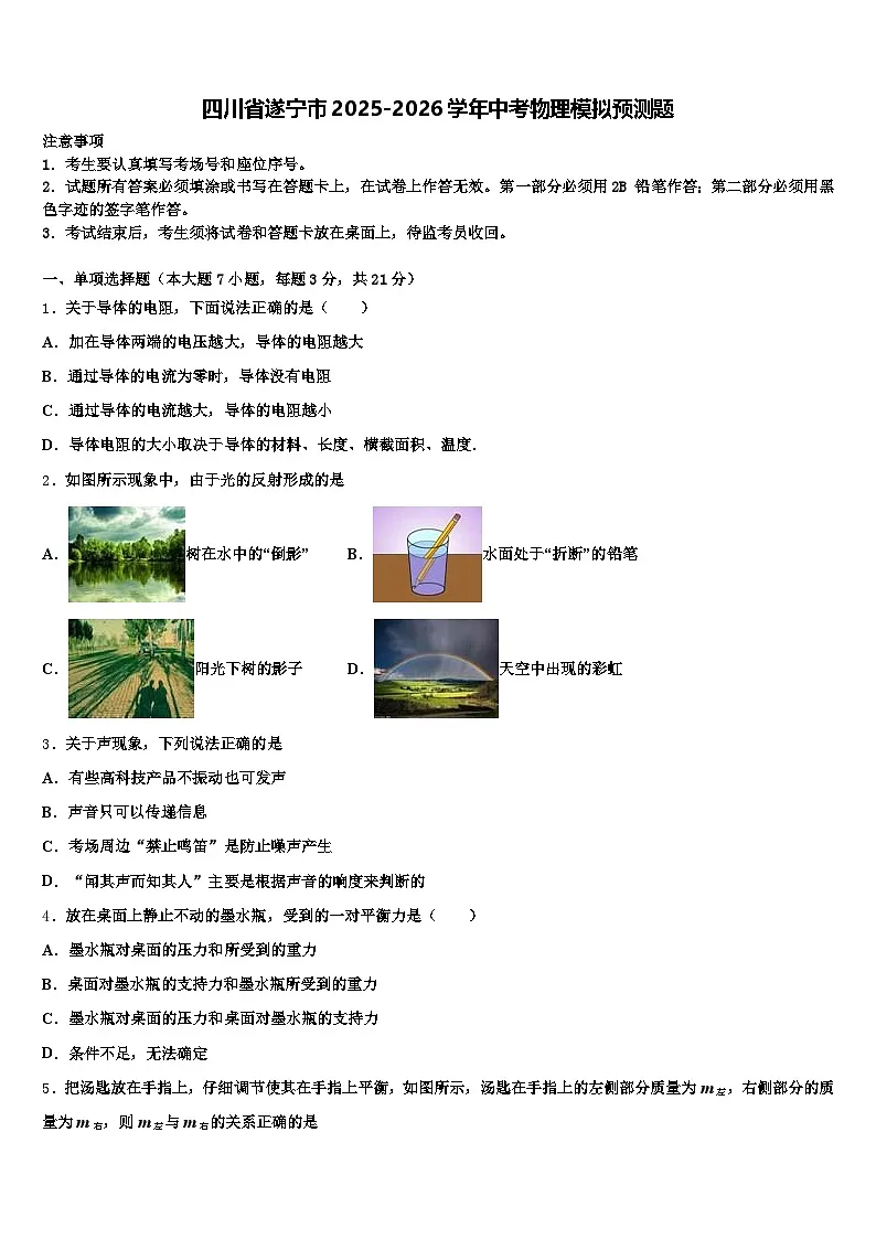 四川省遂宁市2025-2026学年中考物理模拟预测题(含答案解析)第1页