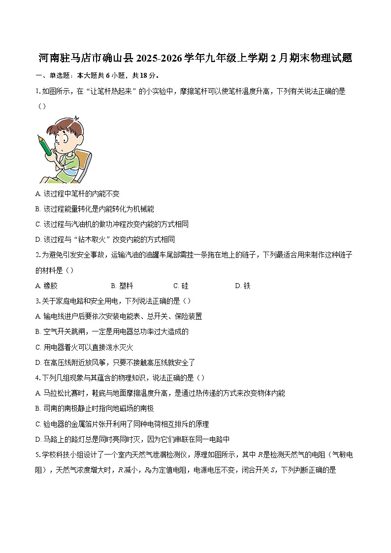 河南驻马店市确山县2025-2026学年九年级上学期2月期末物理试题-自定义类型第1页