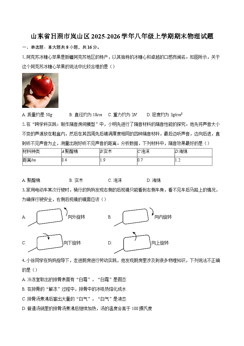 山东省日照市岚山区2025-2026学年八年级上学期期末物理试题-自定义类型第1页