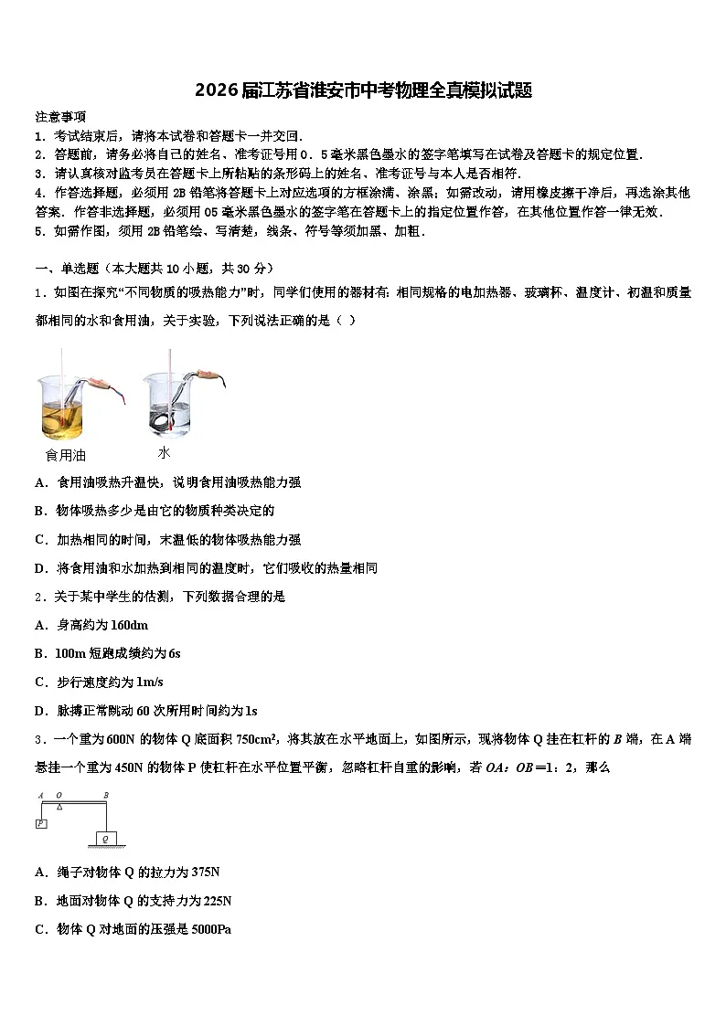 2026届江苏省淮安市中考物理全真模拟试题(含答案解析)第1页