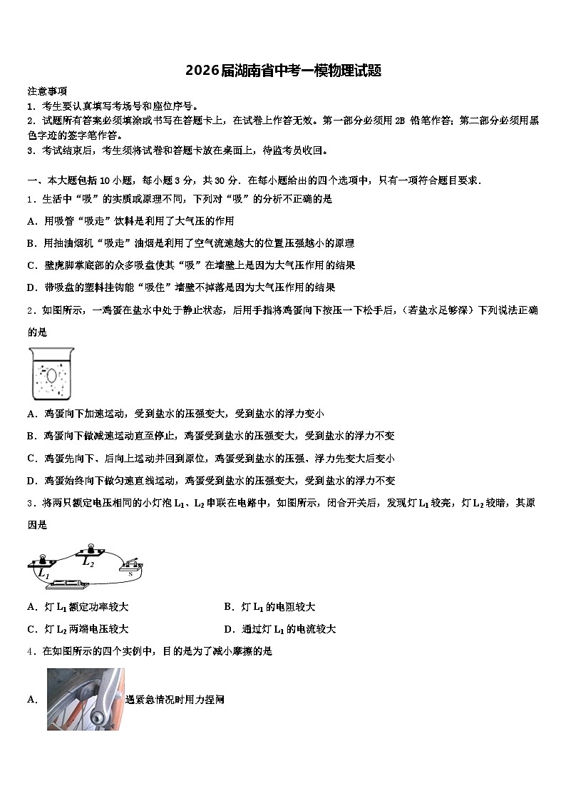 2026届湖南省中考一模物理试题(含答案解析)第1页